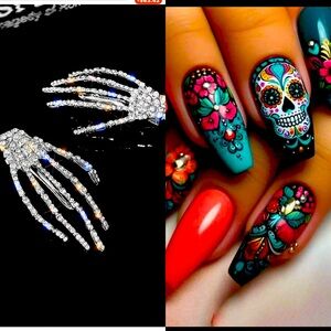 Bling Skeleton Hands Barretts and Colorful Skull Nail Art Set